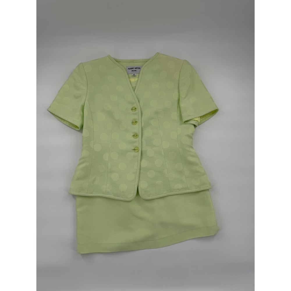Albert Nipon Petite Skirt Suit Lime Green Polka Dot Jacquard 2 Piece Set 8P